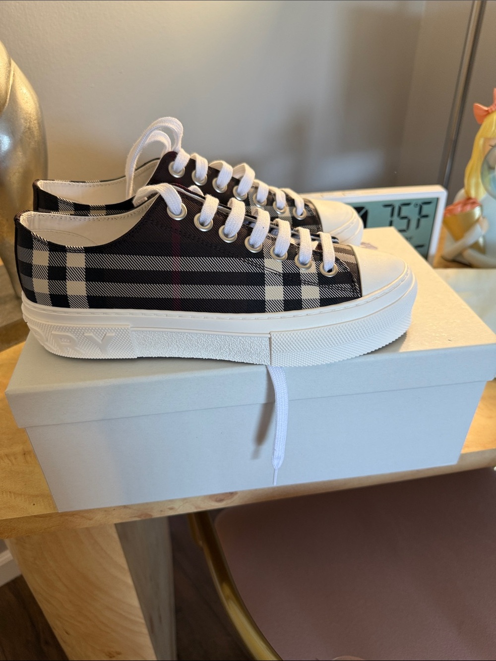 Burberry Black & White Checked Low-Top Platform Sneakers Never worn